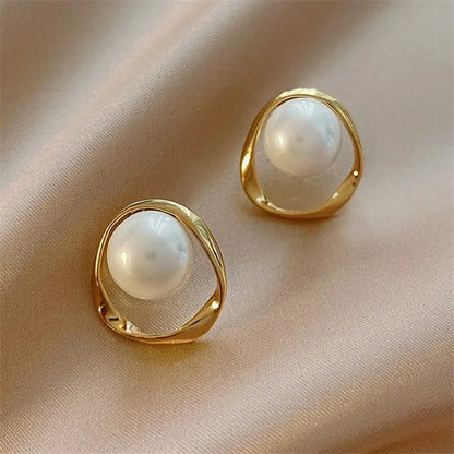Gold Color Delicate Irregular Design Unusual Imitation Pearl Round Stud Earrings