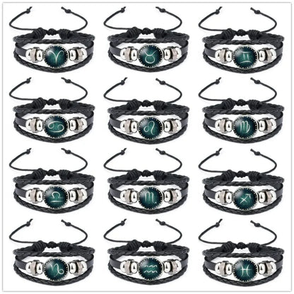 12 Constellation Luminous Leather Charms Bracelet