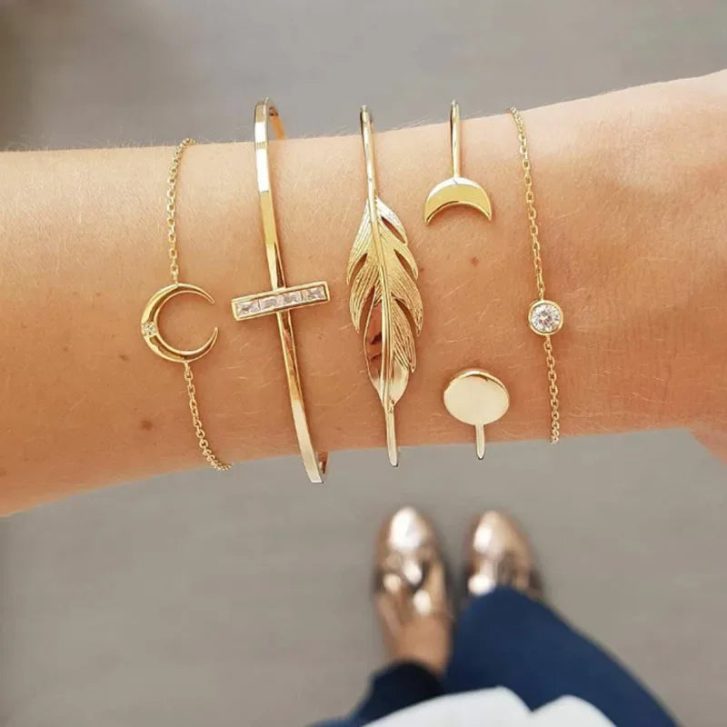 5Pcs Punk Chain Moon Leaf Crystal Geometry Open Bracelet Set