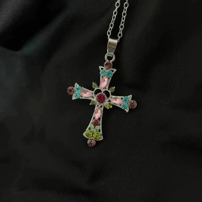 Y2k Crystal Pink Zircon Cross Pendant Necklace