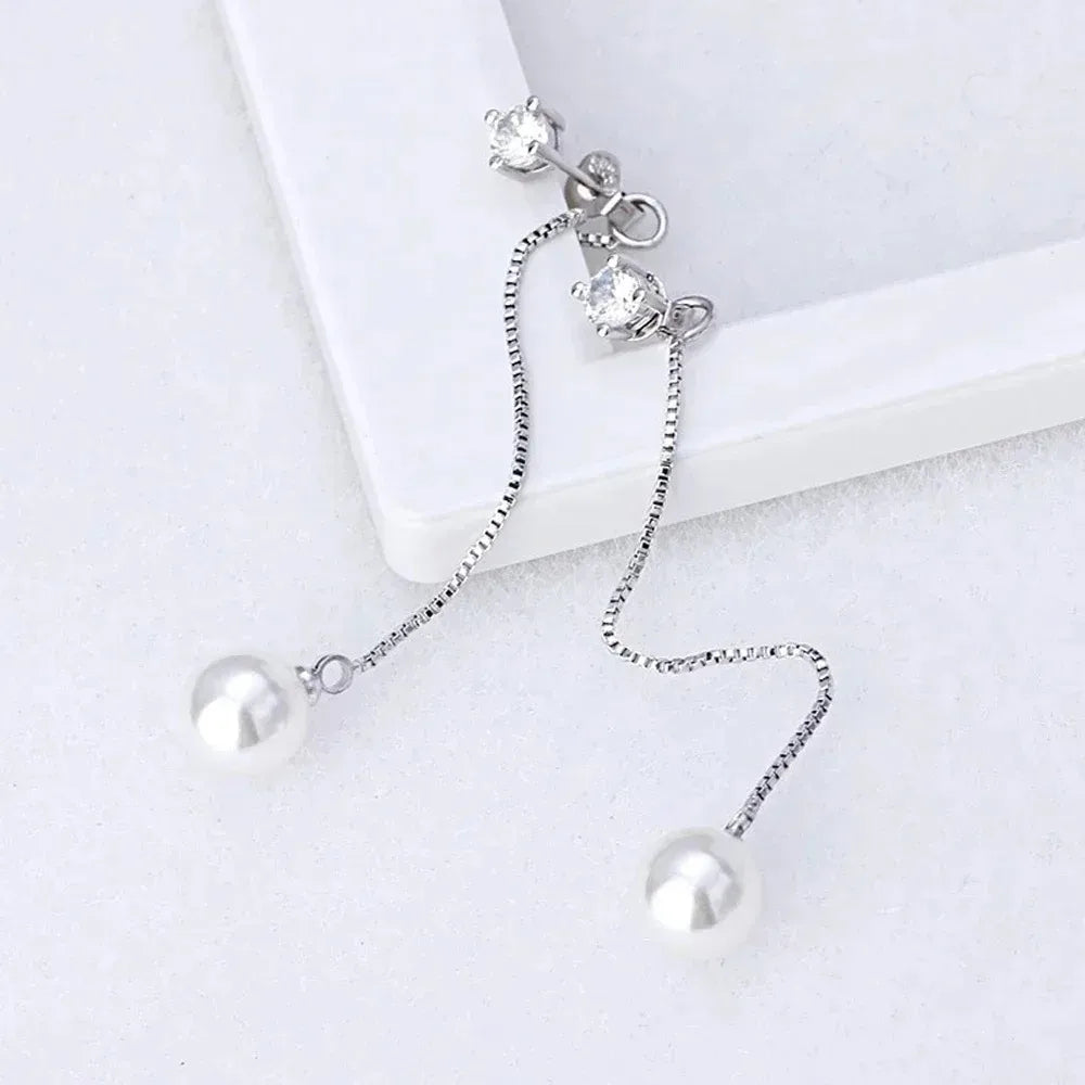 Elegant Silver Color Simulated Pearl Drop Earrings