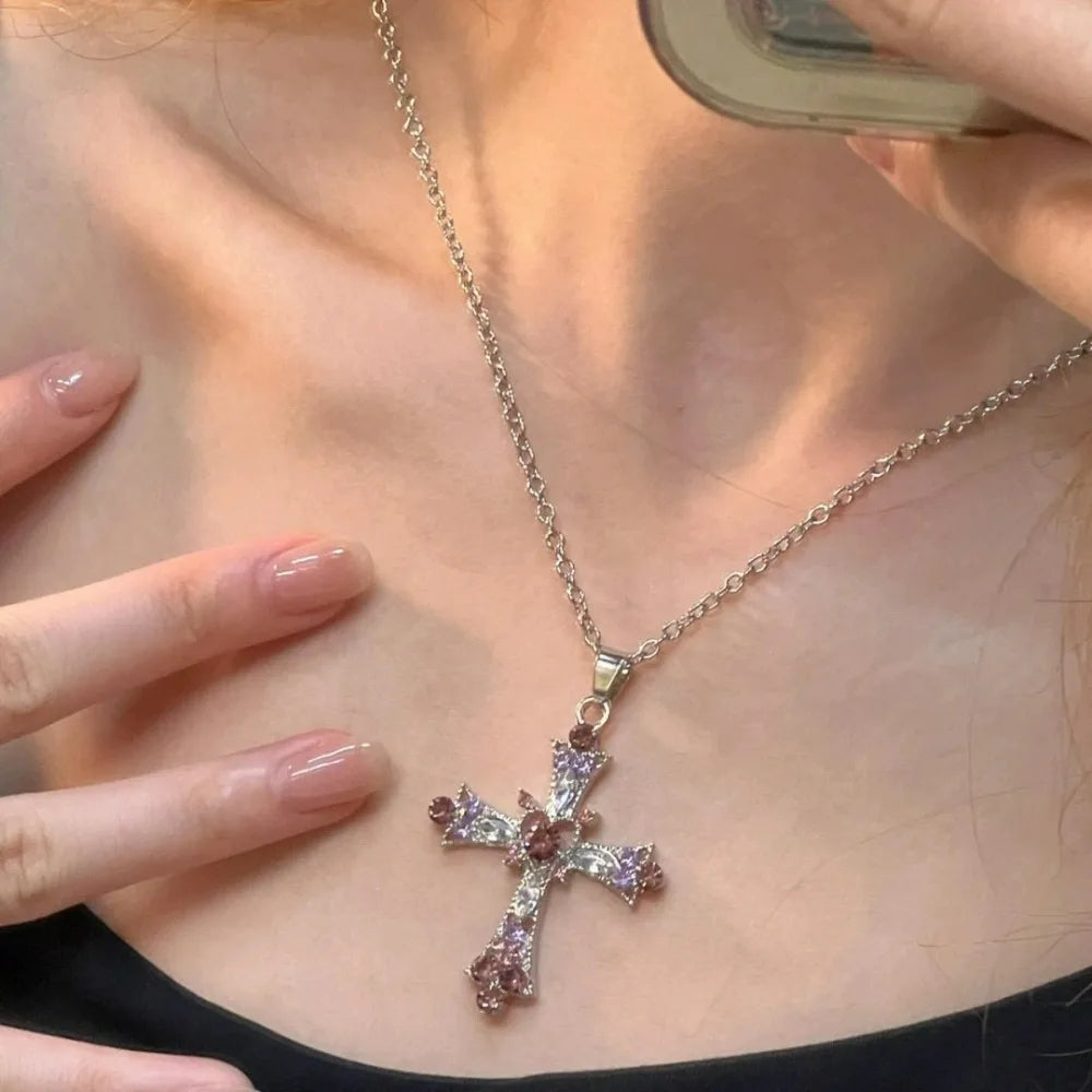 Y2k Crystal Pink Zircon Cross Pendant Necklace