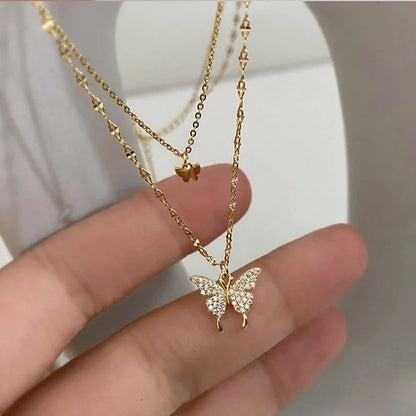 Simple Double Layer Star Moon Charm Necklace