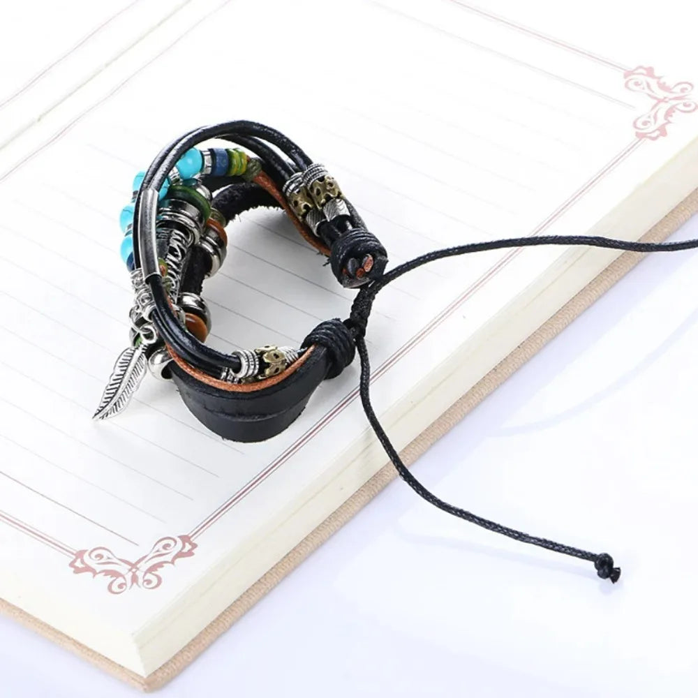 Tibet Stone Feather Multilayer Leather Charm Bracelet