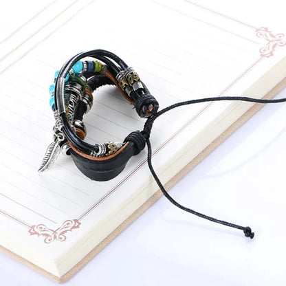Tibet Stone Feather Multilayer Leather Charm Bracelet