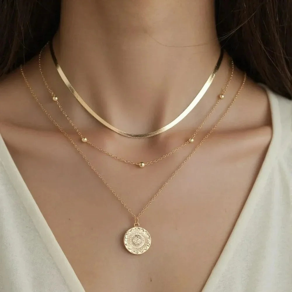Multi-layer Snake Bone Chain with Round Bead Chain Necklace