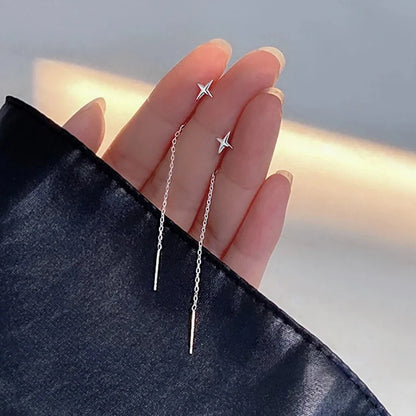 Long Wire Tassel Thread Chain Star & Heart Beads Drop Earrings