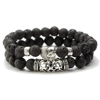 2pcs/Set Black Lava Stone Prayer Beads Buddha Men Bead Bracelet
