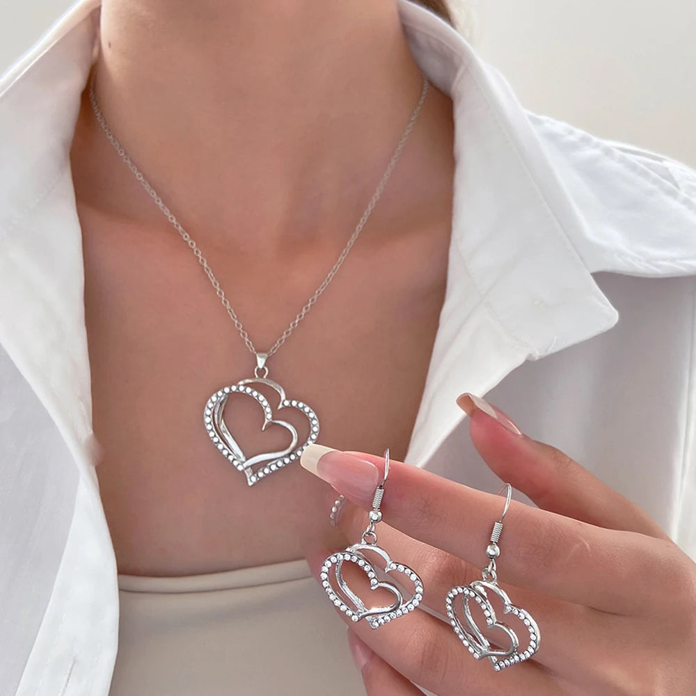 Exquisite Double Heart Necklace Earrings Jewelry Set