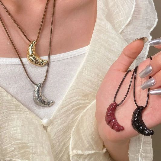 Simple Leather Rope Cow Horn Long Necklace