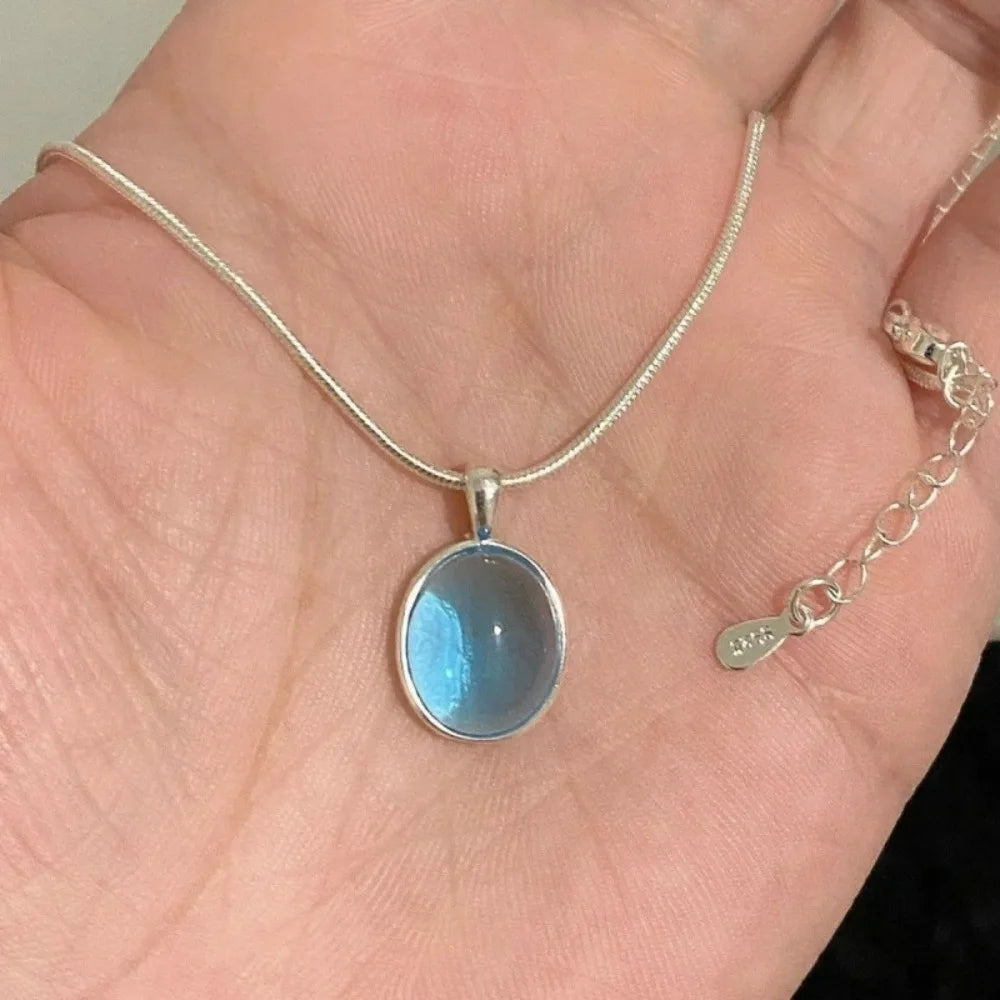 Simple Retro Oval Aquamarine Pendant Necklace
