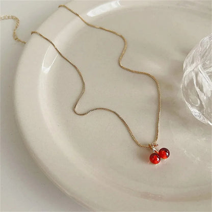 Little Wine Red Cherry Pendant Necklaces And Fruit Golden Drop Earrings Set