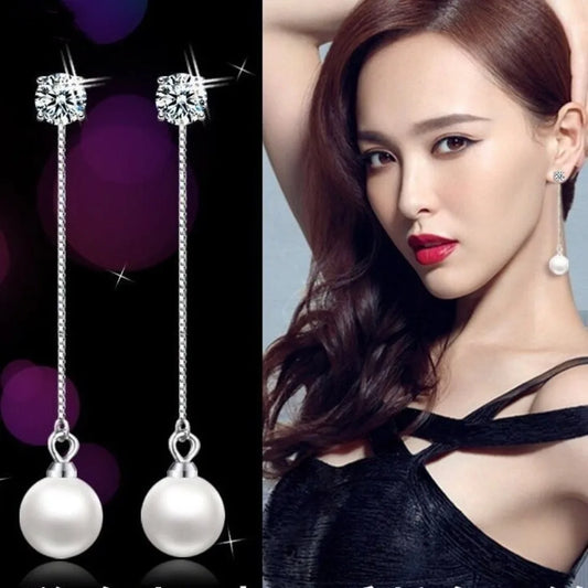 Elegant Silver Color Simulated Pearl Drop Earrings