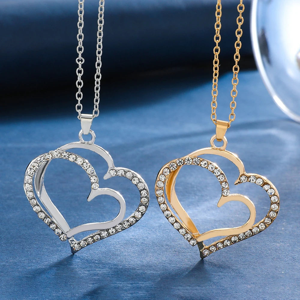 Exquisite Double Heart Necklace Earrings Jewelry Set