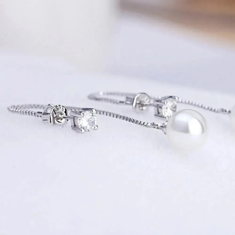 Elegant Silver Color Simulated Pearl Drop Earrings