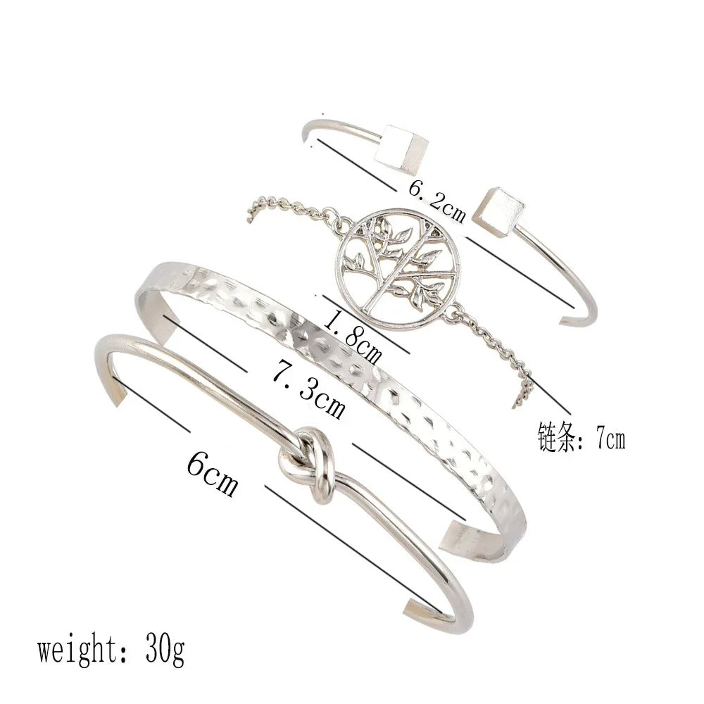 5Pcs Punk Chain Moon Leaf Crystal Geometry Open Bracelet Set