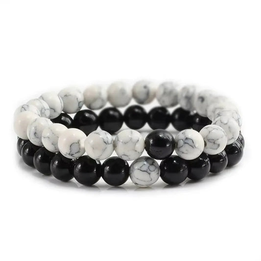 2Pcs/1Set Black White Beaded Natural Stone Couples Bracelet Charm Bracelets