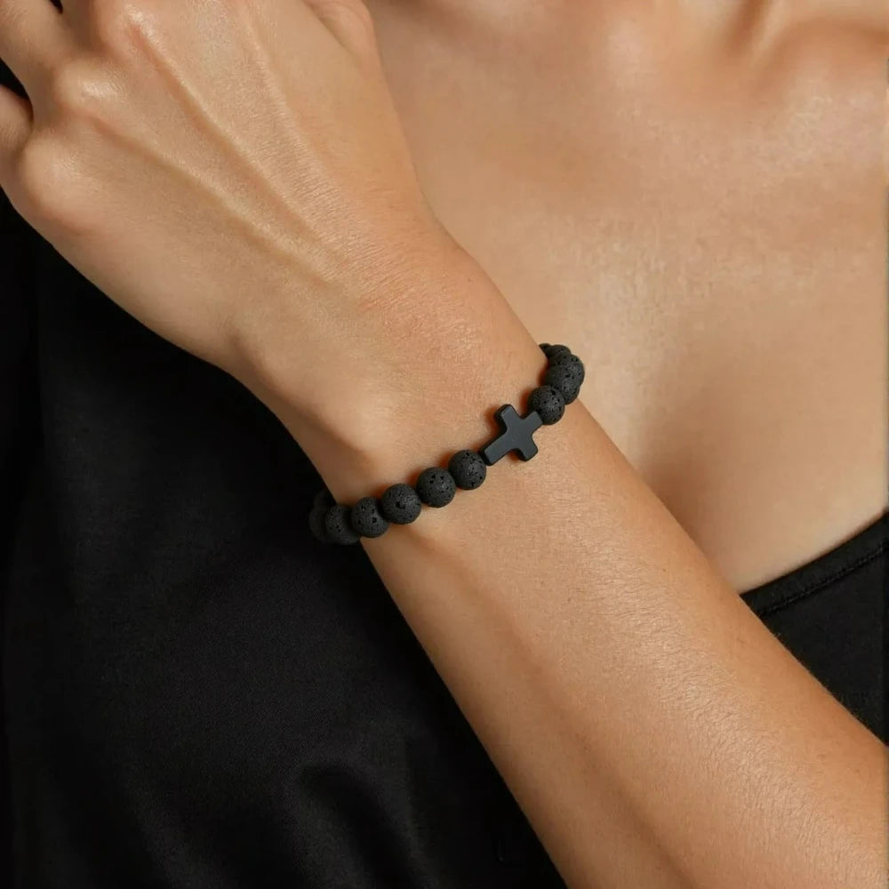 Handmade Natural Stone Cross Black Lava Beaded Strand Bracelet