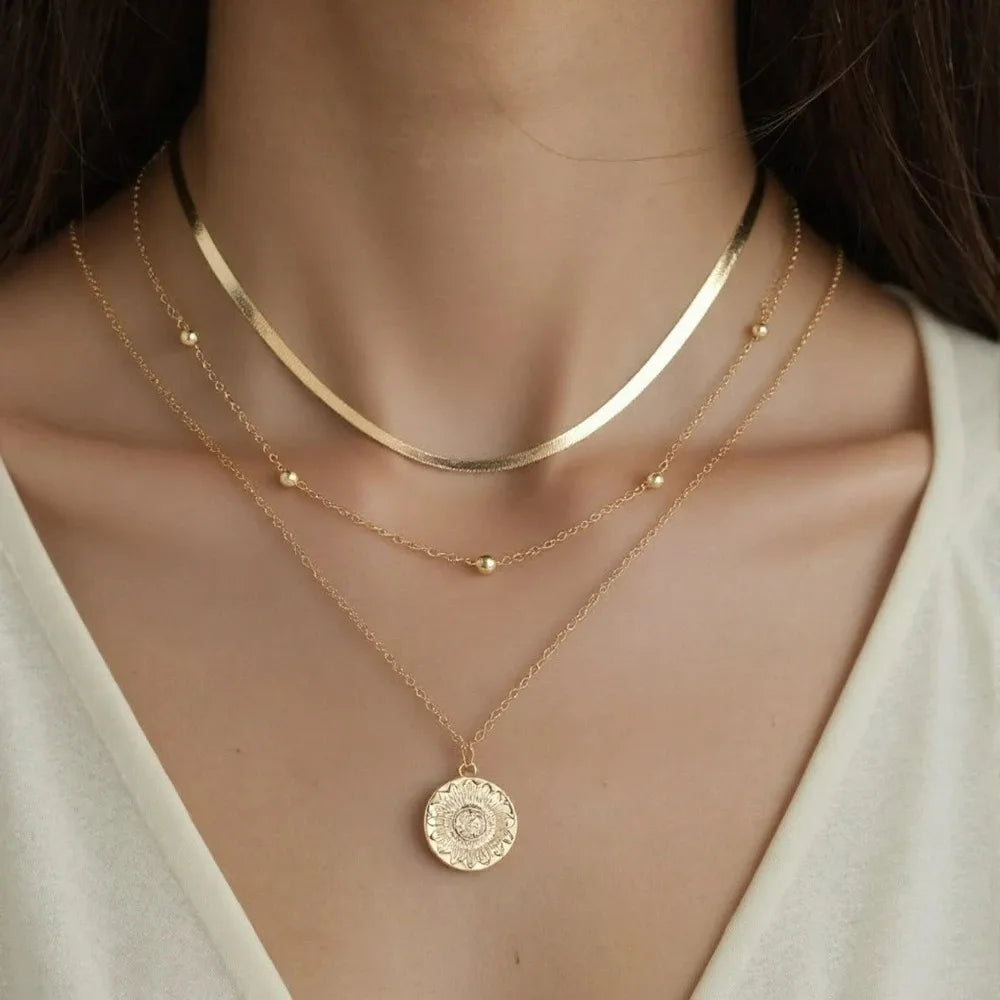Multi-layer Snake Bone Chain with Round Bead Chain Necklace
