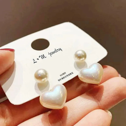 Imitation Pearl Heart Round Stud Earrings
