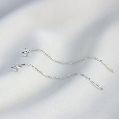 Long Wire Tassel Thread Chain Star & Heart Beads Drop Earrings