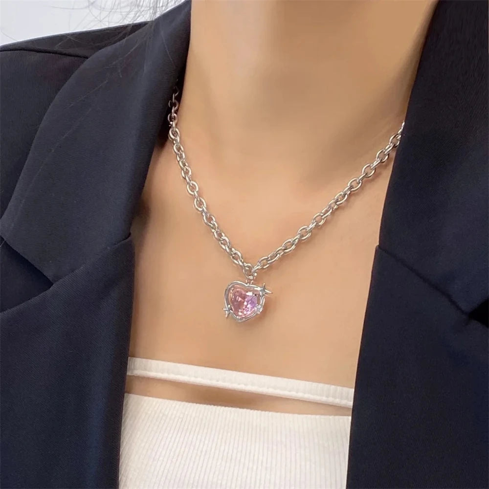 Goth Harajuku Pink Peach Heart Pendant Necklaces & Earrings Set