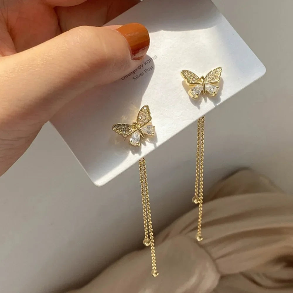 Exquisite Butterfly Long Tassel Rhinestone Earrings
