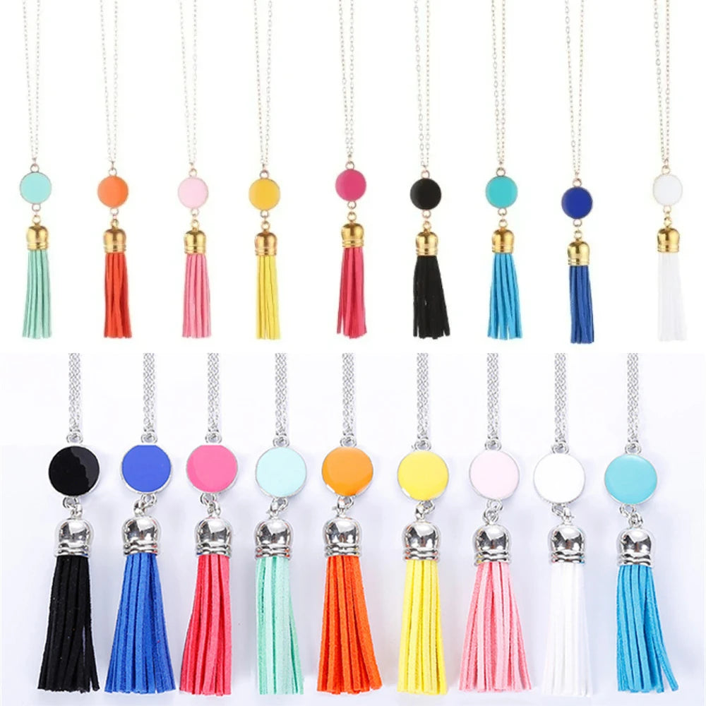 Boho Monogram Acrylic Blank Disc Long Chain Tassel Sweater Necklace