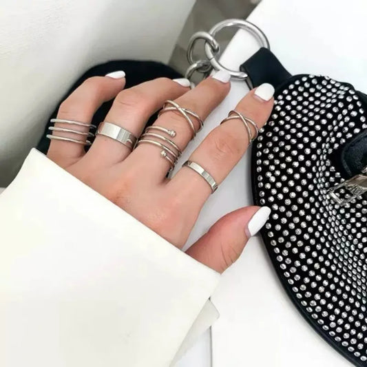 6pcs Punk Simple Silver Color Geometric Hollow Wide Ring Set