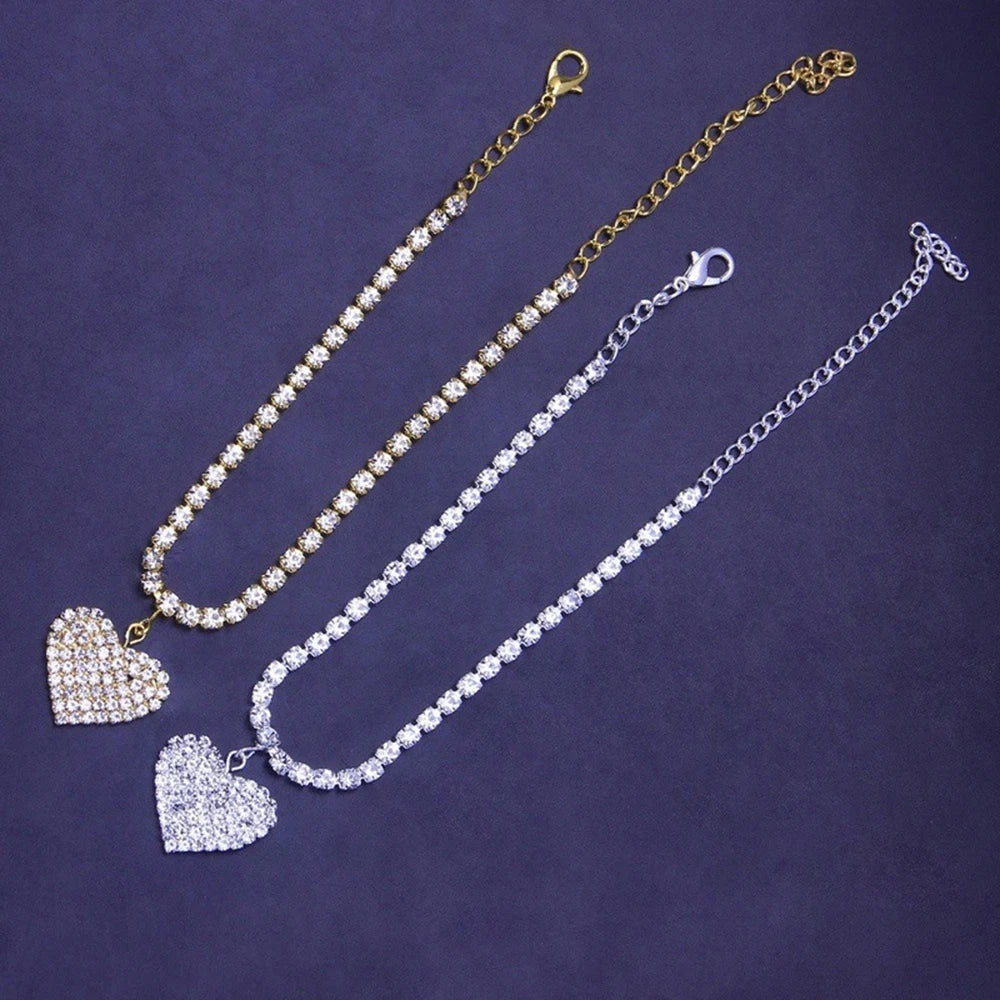 Rhinestone Heart Pendant Chain Anklet