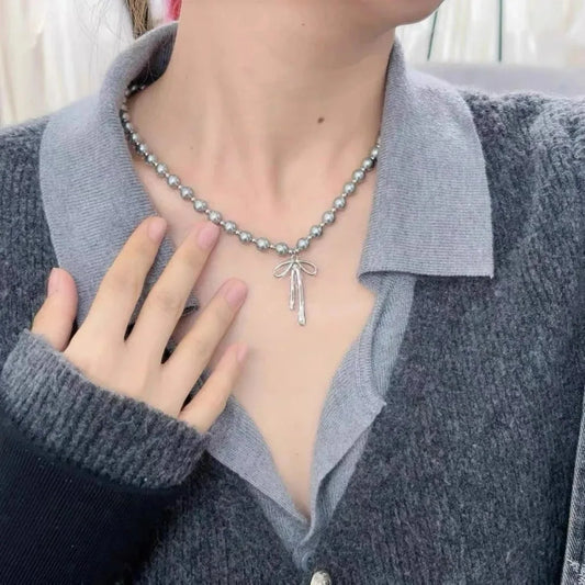 Bowknot Pendant Choker Necklace and Earrings with Gray Pearls Set