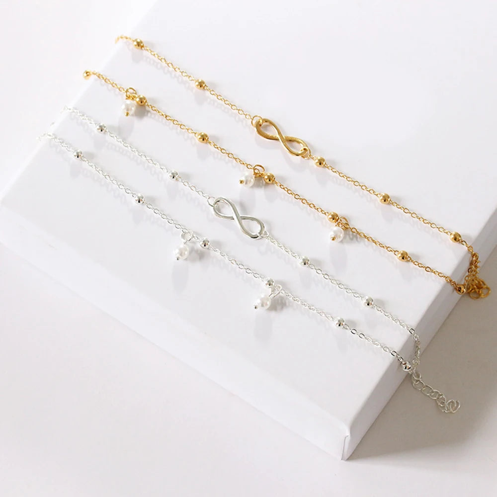 Retro Pearl Heart Infinity Double-Deck Anklet Set