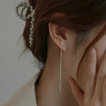 Long Wire Tassel Thread Chain Star & Heart Beads Drop Earrings