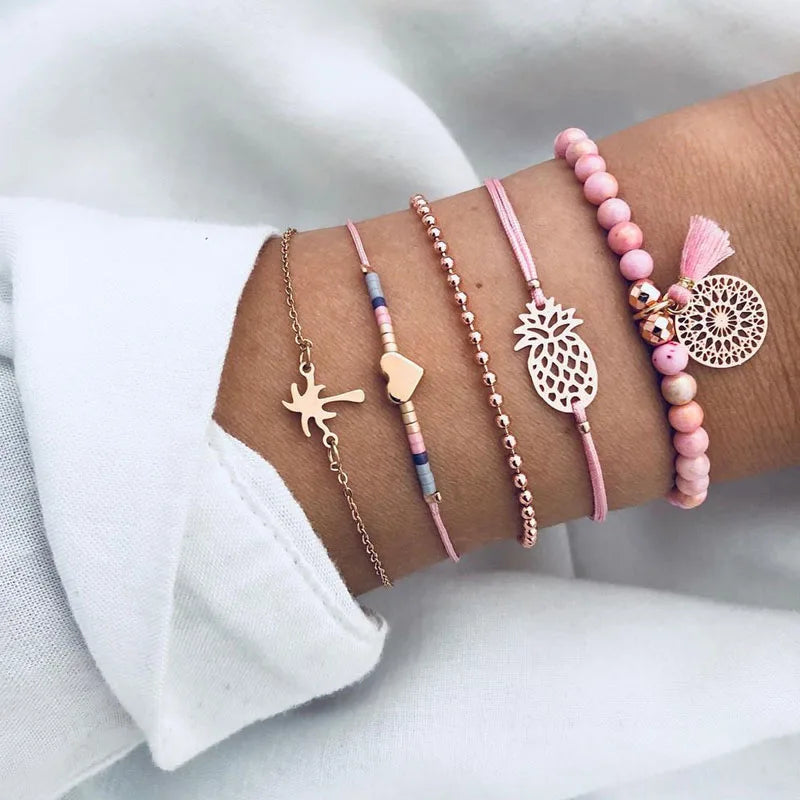 Bohemian Handmade Weave Heart Long Tassel Bracelet Sets