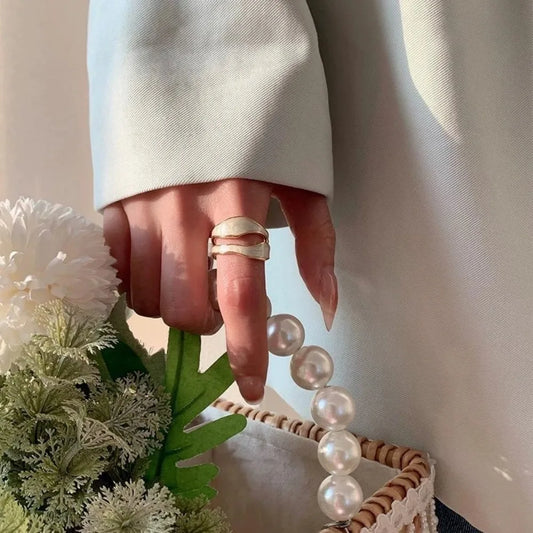 Classic White Enamel Metal Irregular Shape Geometric Open Adjustable Ring
