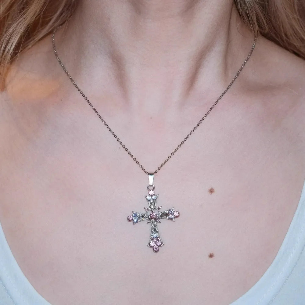 Y2k Crystal Pink Zircon Cross Pendant Necklace