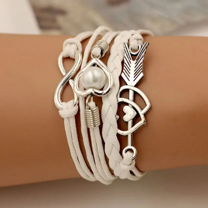 Infinity Love Heart Pearl Friendship Antique Leather Charm Bracelet