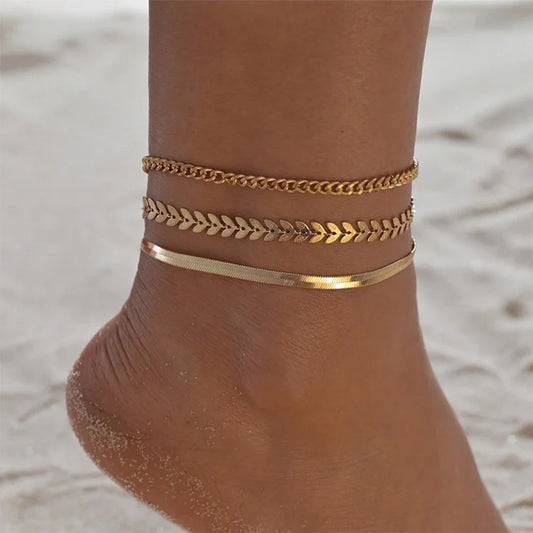3pcs/set Gold Color Simple Chain Anklets