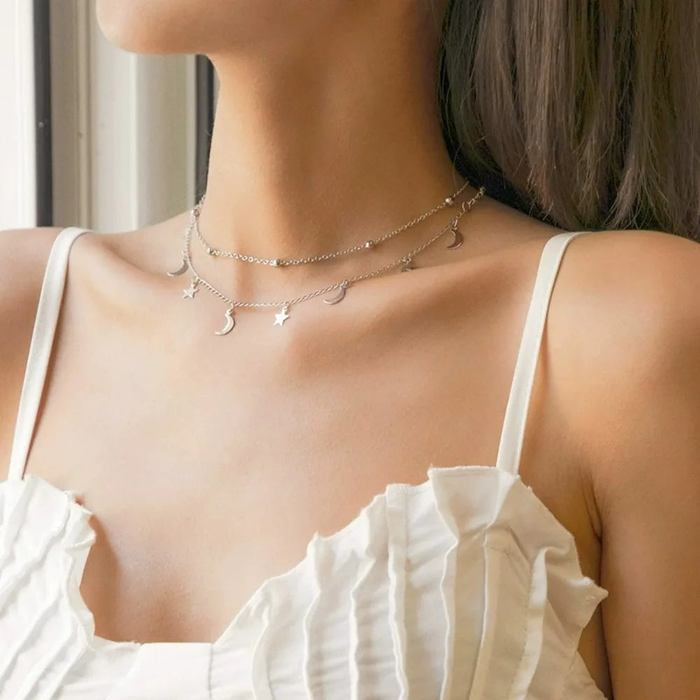Star & Moon Pendant Clavicle Necklace