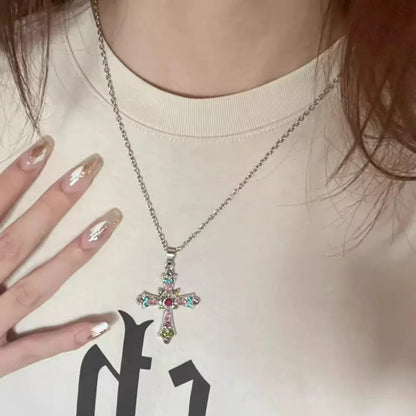 Y2k Crystal Pink Zircon Cross Pendant Necklace