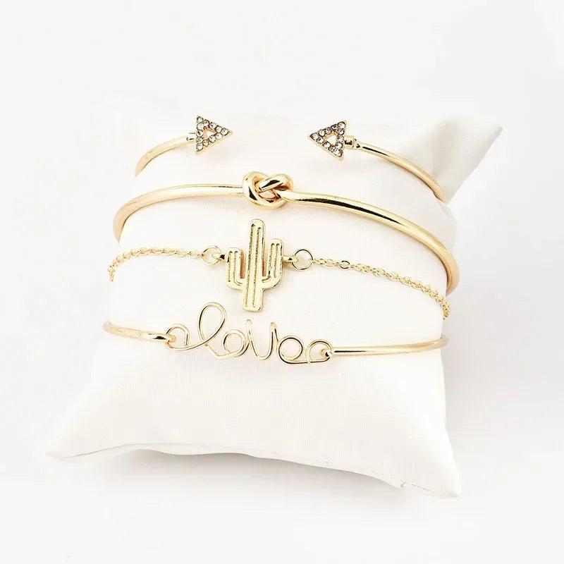 4 Pcs/Set Bohemian Leaves Knot Round Chain Opening Bracelet