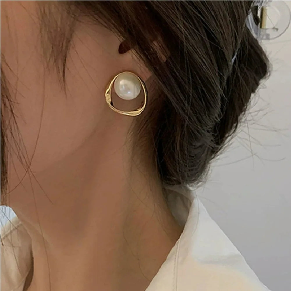 Gold Color Delicate Irregular Design Unusual Imitation Pearl Round Stud Earrings