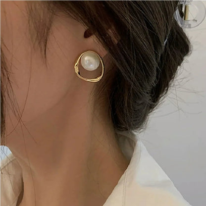 Gold Color Delicate Irregular Design Unusual Imitation Pearl Round Stud Earrings