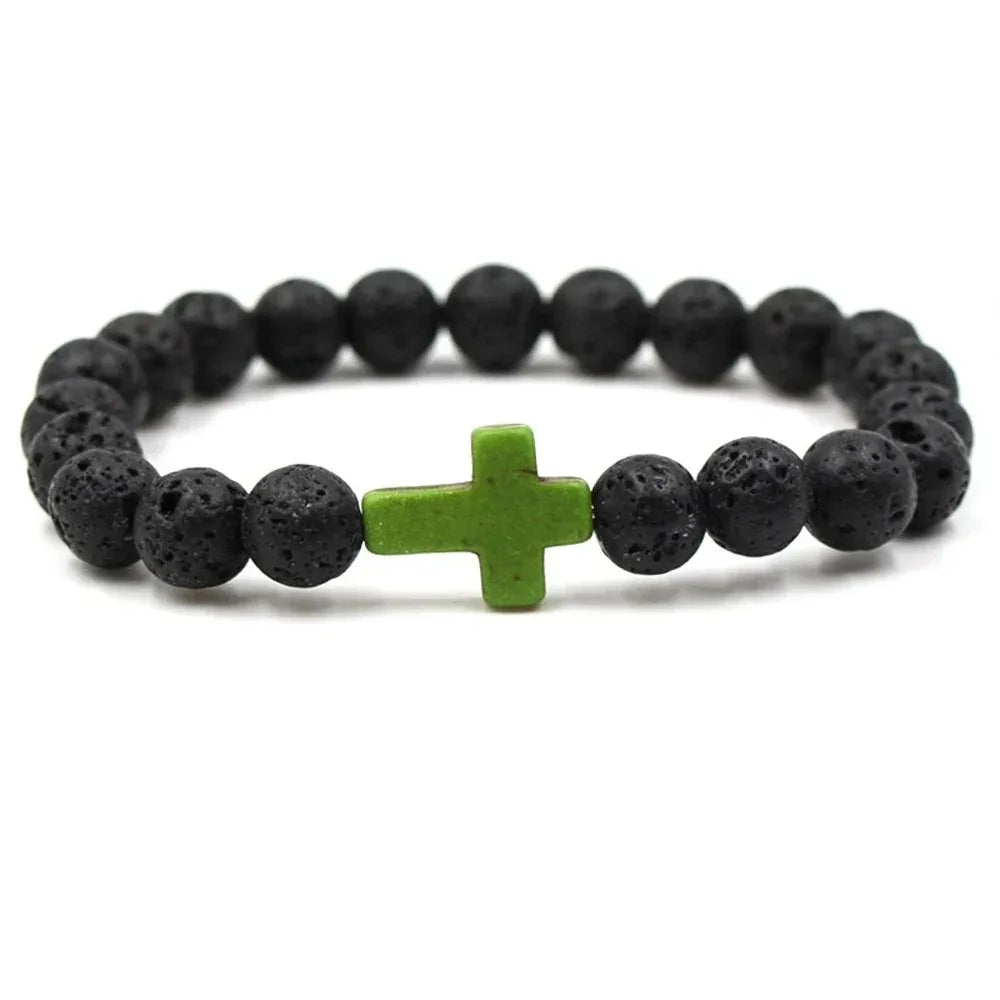 Handmade Natural Stone Cross Black Lava Beaded Strand Bracelet