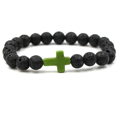 Handmade Natural Stone Cross Black Lava Beaded Strand Bracelet