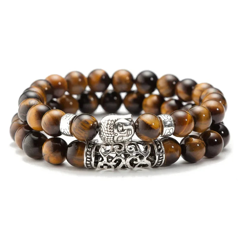 2pcs/Set Black Lava Stone Prayer Beads Buddha Men Bead Bracelet