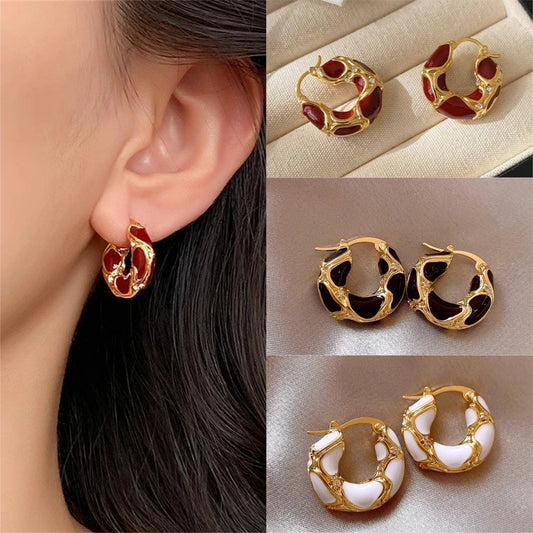 Vintage Enamel Color Metal Texture Small Hoop Earring