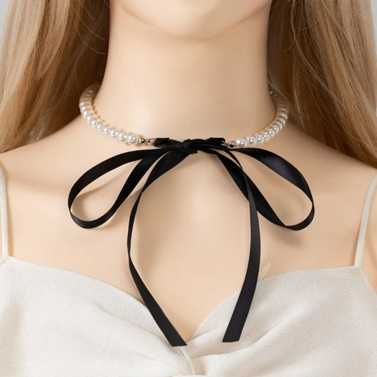 Elegant Adjustable Bow Necklace with Korean Romantic Imitation Pearl Beaded Choker
