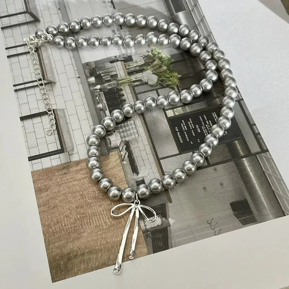 Bowknot Pendant Choker Necklace and Earrings with Gray Pearls Set