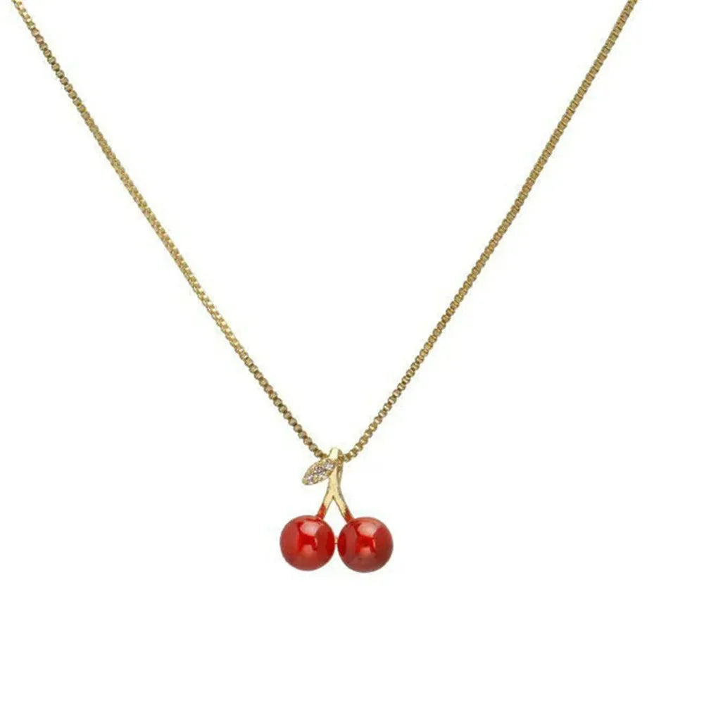 Little Wine Red Cherry Pendant Necklaces And Fruit Golden Drop Earrings Set